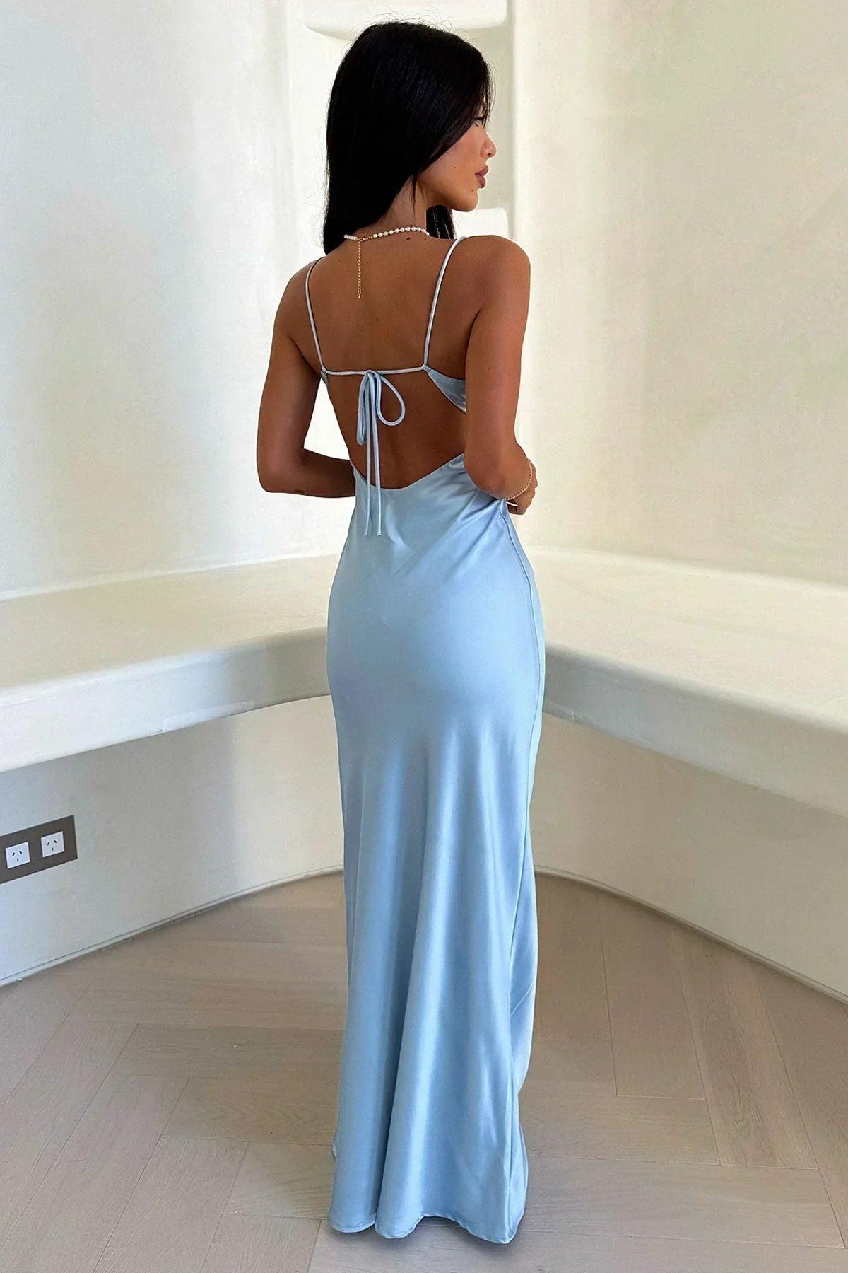 Vespara | Women's Evening Gown Satin Maxi Dress - Light Blue - Image 5