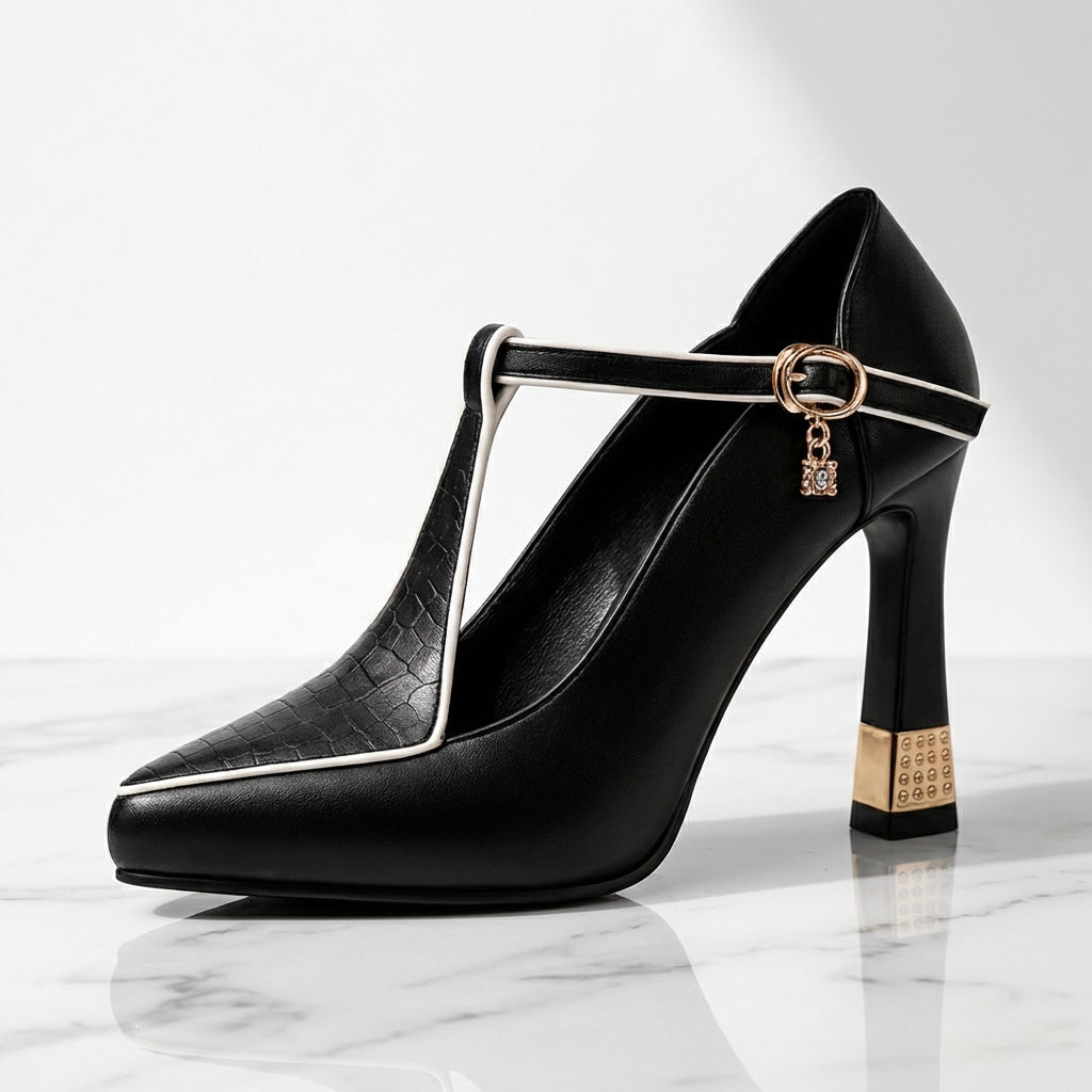 Vespelle | Women's T-Strap Block Heel Pumps - Black - Image 1