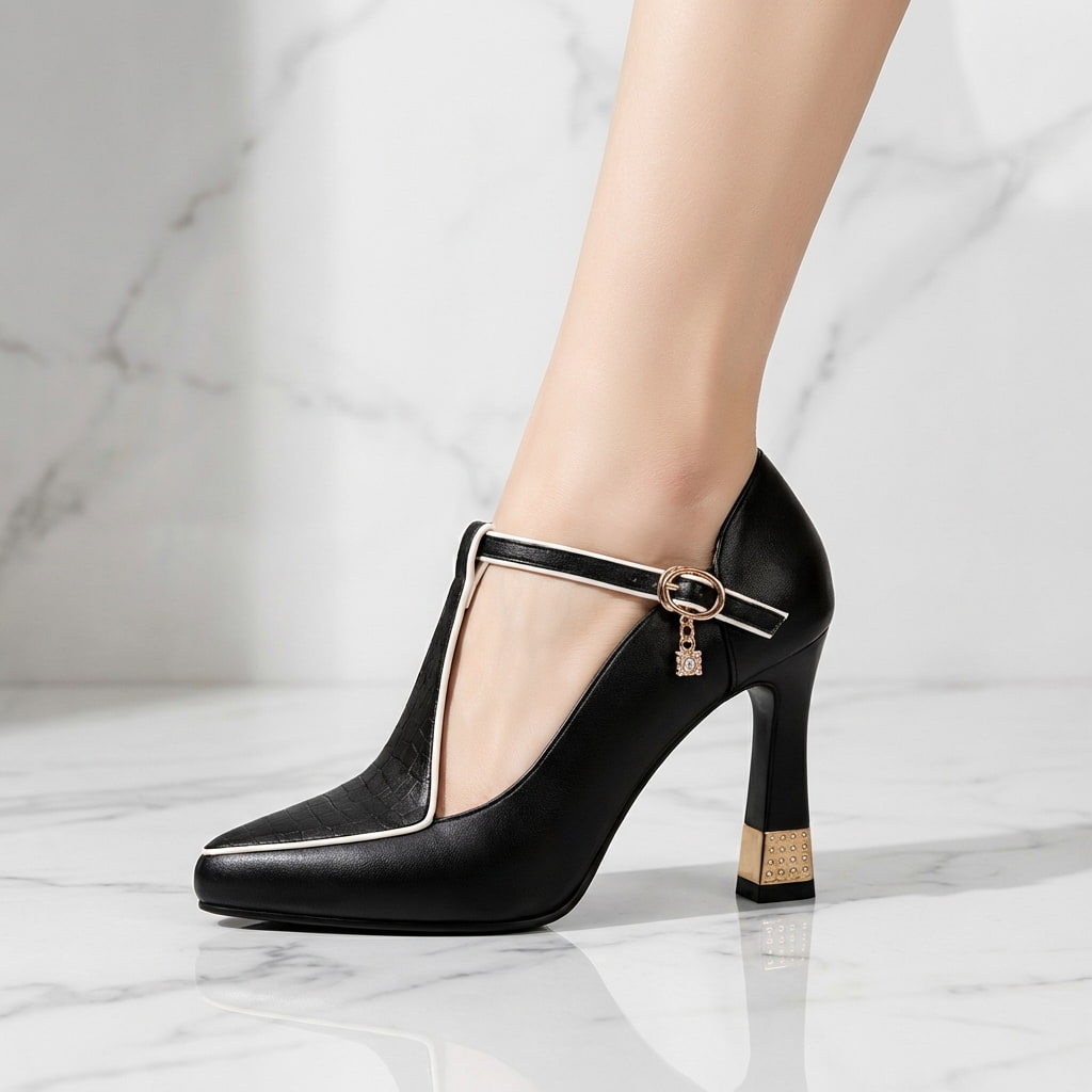 Vespelle | Women's T-Strap Block Heel Pumps - Black - Image 3