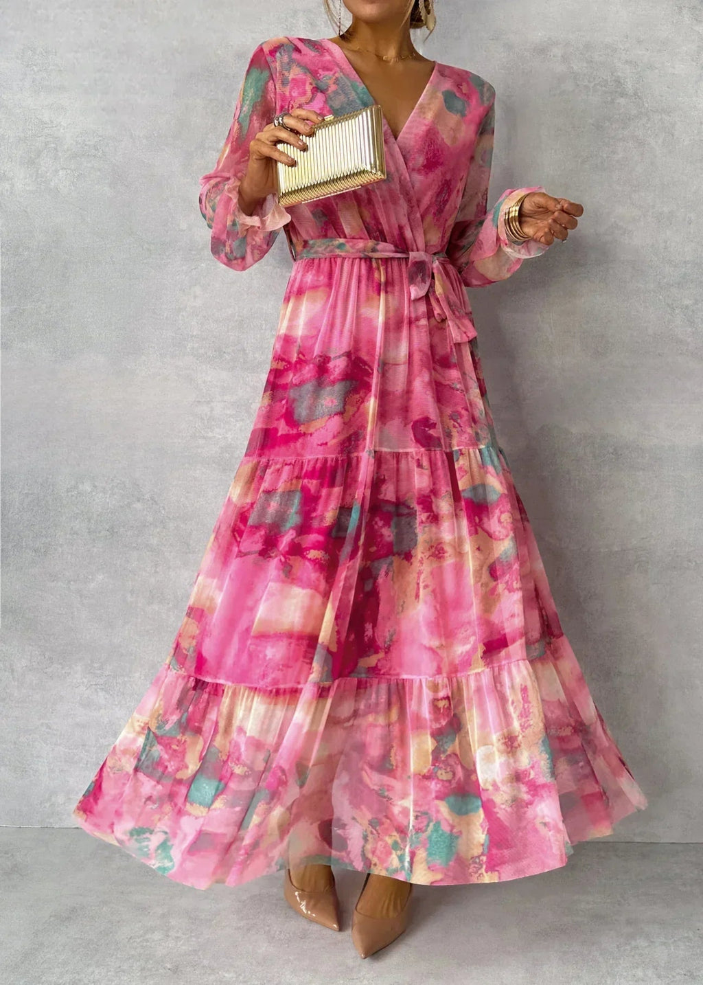 Vespina | Women's Floral Maxi Wrap Dress - Pink - Image 2