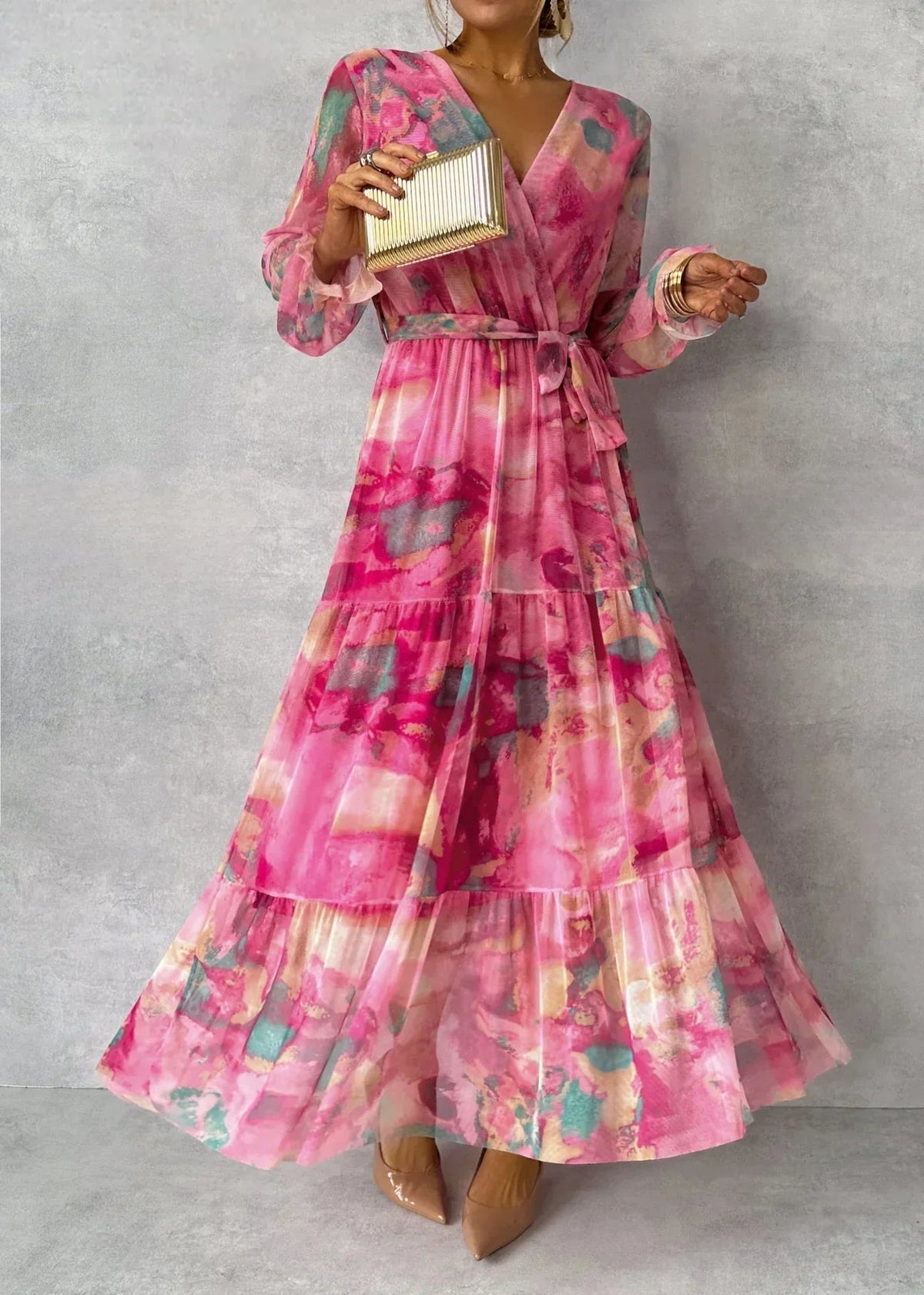 Vespina | Women's Floral Maxi Wrap Dress - Pink - Image 2