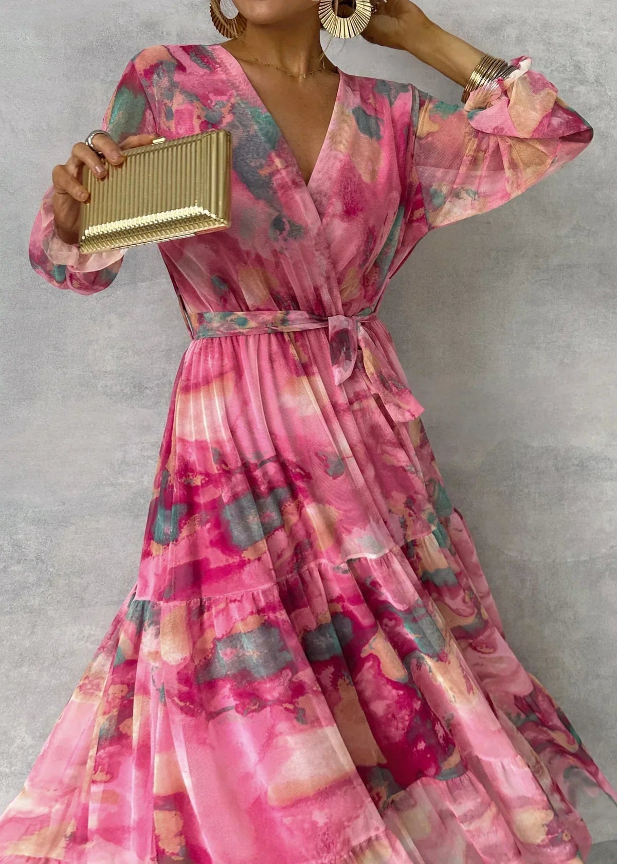 Vespina | Women's Floral Maxi Wrap Dress - Pink - Image 4