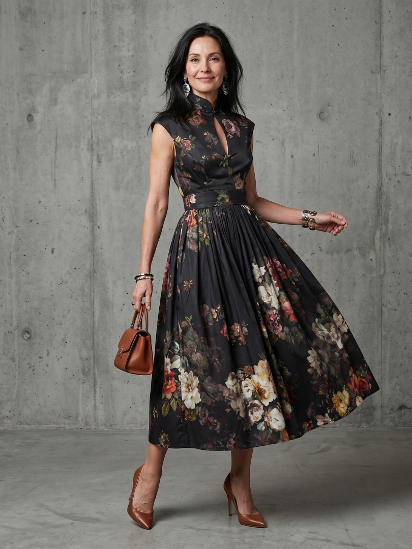 Vordaine | Women's Cocktail Dress Floral Midi - Black - Image 1