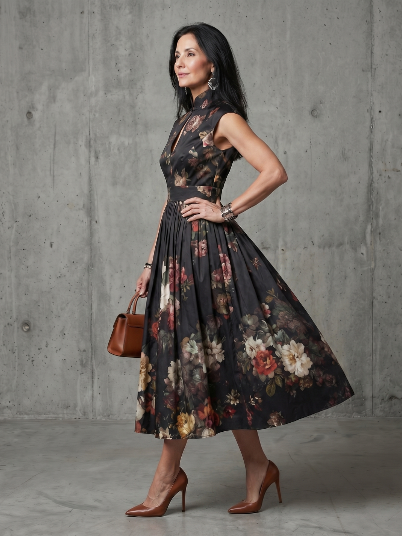Vordaine | Women's Cocktail Dress Floral Midi - Black - Image 2