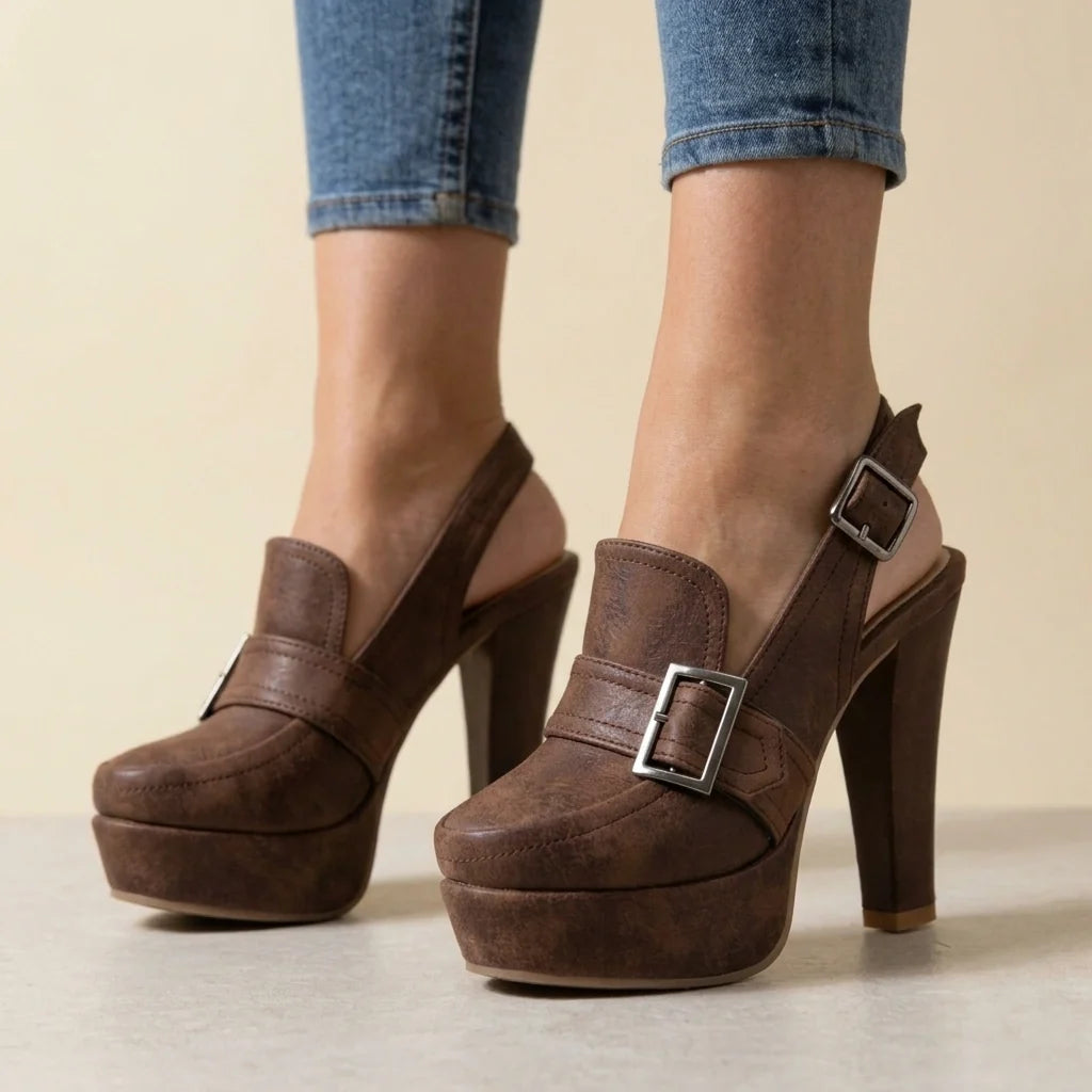 Vordaine | Women's Platform Block Heel Slingback - Dark Brown - Image 1