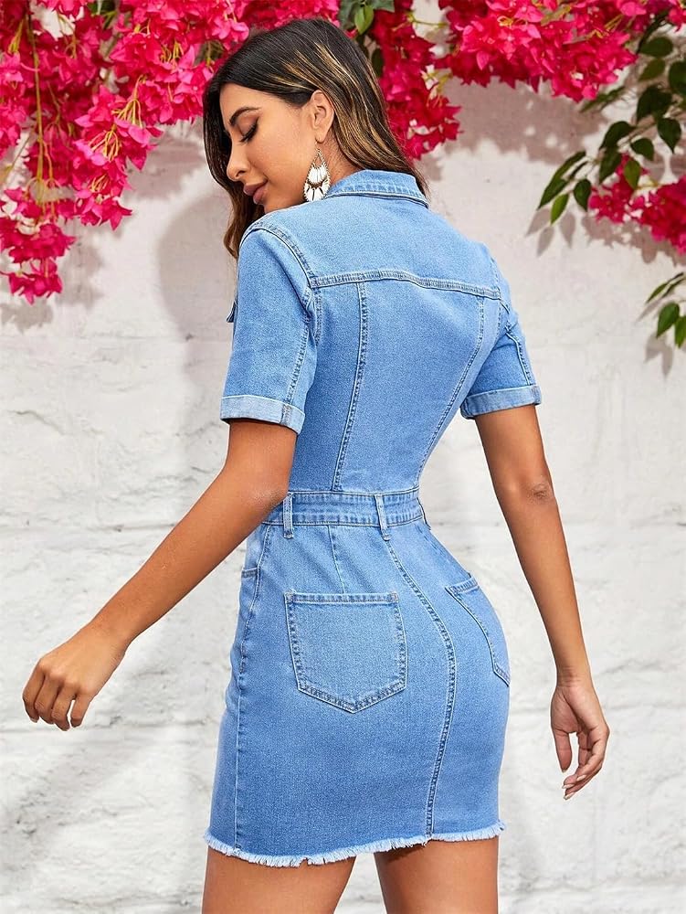 Vordelle | Women's Denim Mini Dress Short Sleeve - Light Blue - Image 2
