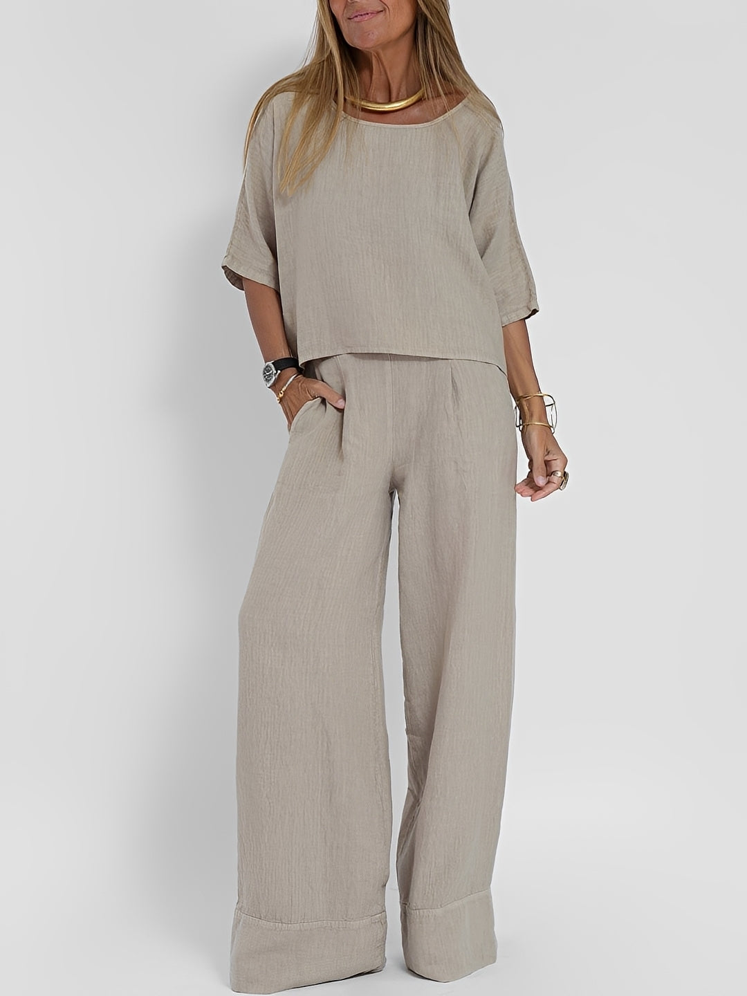 Vordenne | Women's Two Piece Set Wide Leg Trousers - Taupe - Image 1