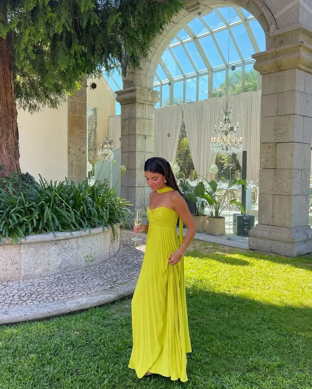 Voriande | Women's Halter Neck Pleated Maxi Dress - Yellow - Image 1