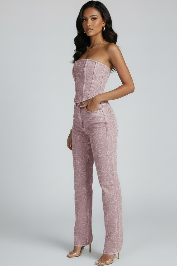 Voriande | Women's Strapless Corset Evening Set - Pink - Image 5