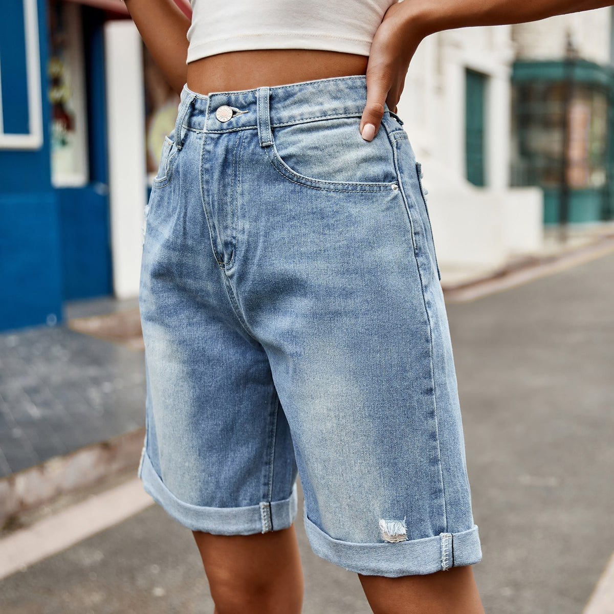 Vornelle | Women's Relaxed Fit Denim Shorts - Light Blue - Image 1