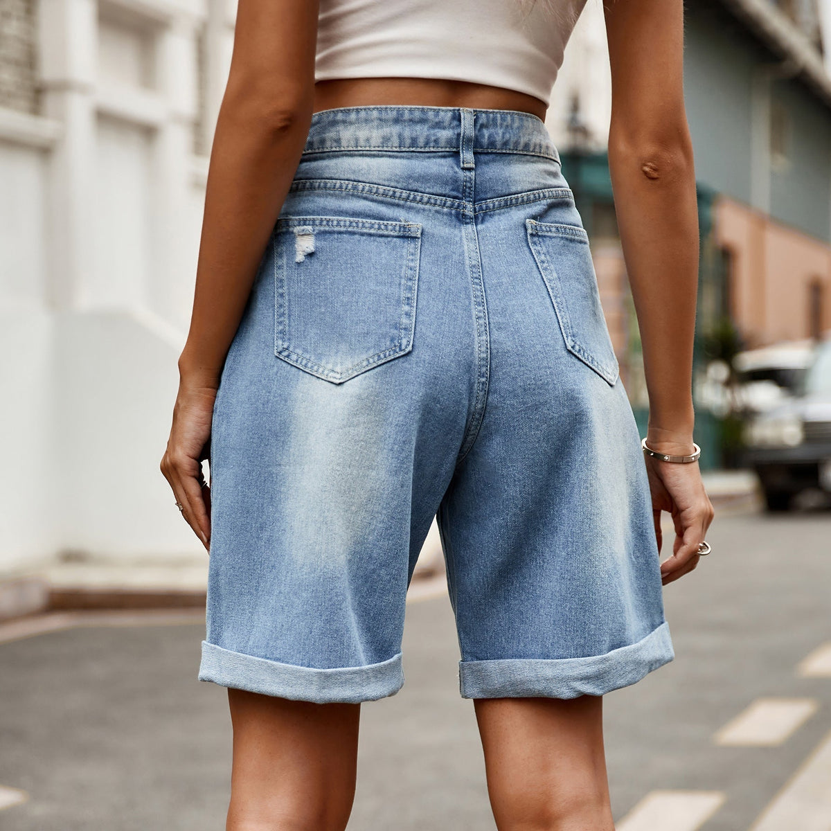 Vornelle | Women's Relaxed Fit Denim Shorts - Light Blue - Image 3