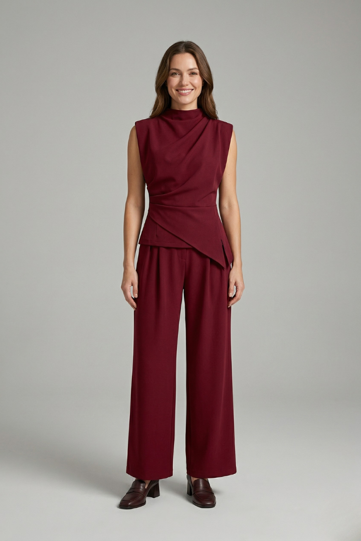 Vornessa | Women's Two Piece Set Draped Top & Wide Leg Trousers - Burgundy - Image 1