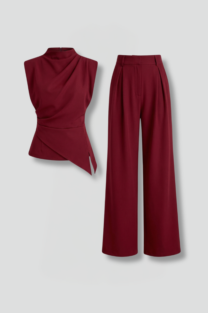 Vornessa | Women's Two Piece Set Draped Top & Wide Leg Trousers - Burgundy - Image 2