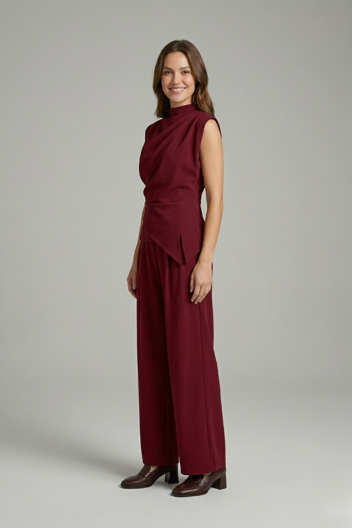 Vornessa | Women's Two Piece Set Draped Top & Wide Leg Trousers - Burgundy - Image 3