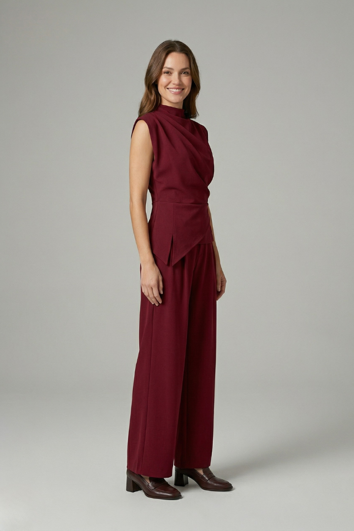 Vornessa | Women's Two Piece Set Draped Top & Wide Leg Trousers - Burgundy - Image 4