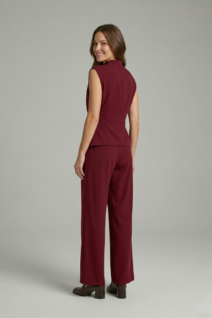 Vornessa | Women's Two Piece Set Draped Top & Wide Leg Trousers - Burgundy - Image 5