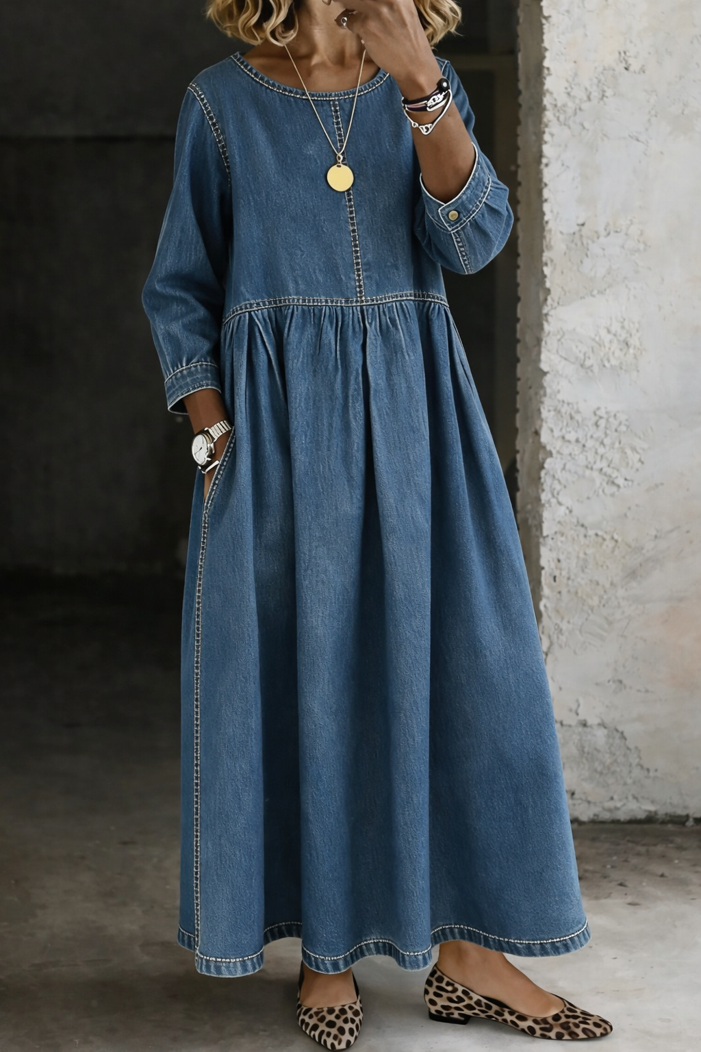 Vorneth | Women's Long Sleeve Denim Maxi Dress - Blue - Image 1