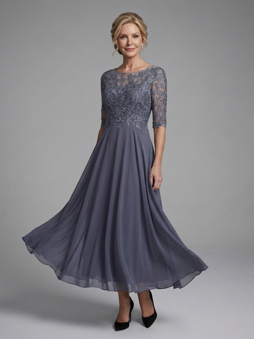 Vorrelle | Women's Midi Dress Lace Bodice Sheer Sleeve - Grey - Image 1