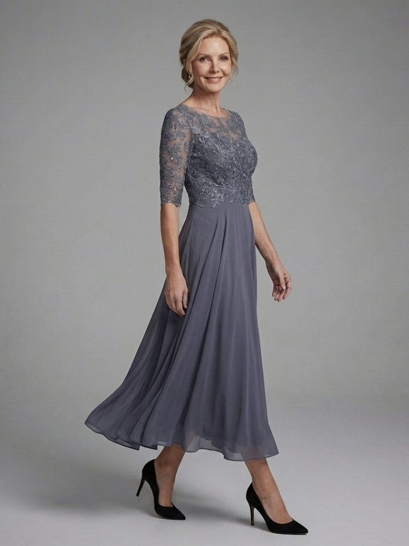 Vorrelle | Women's Midi Dress Lace Bodice Sheer Sleeve - Grey - Image 2