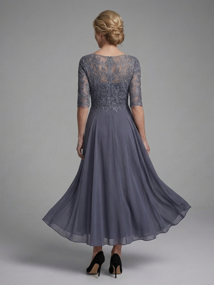 Vorrelle | Women's Midi Dress Lace Bodice Sheer Sleeve - Grey - Image 3