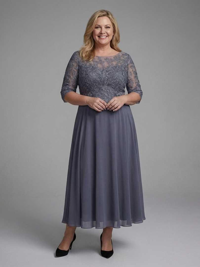 Vorrelle | Women's Midi Dress Lace Bodice Sheer Sleeve - Grey - Image 4