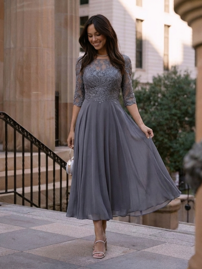 Vorrelle | Women's Midi Dress Lace Bodice Sheer Sleeve - Grey - Image 5