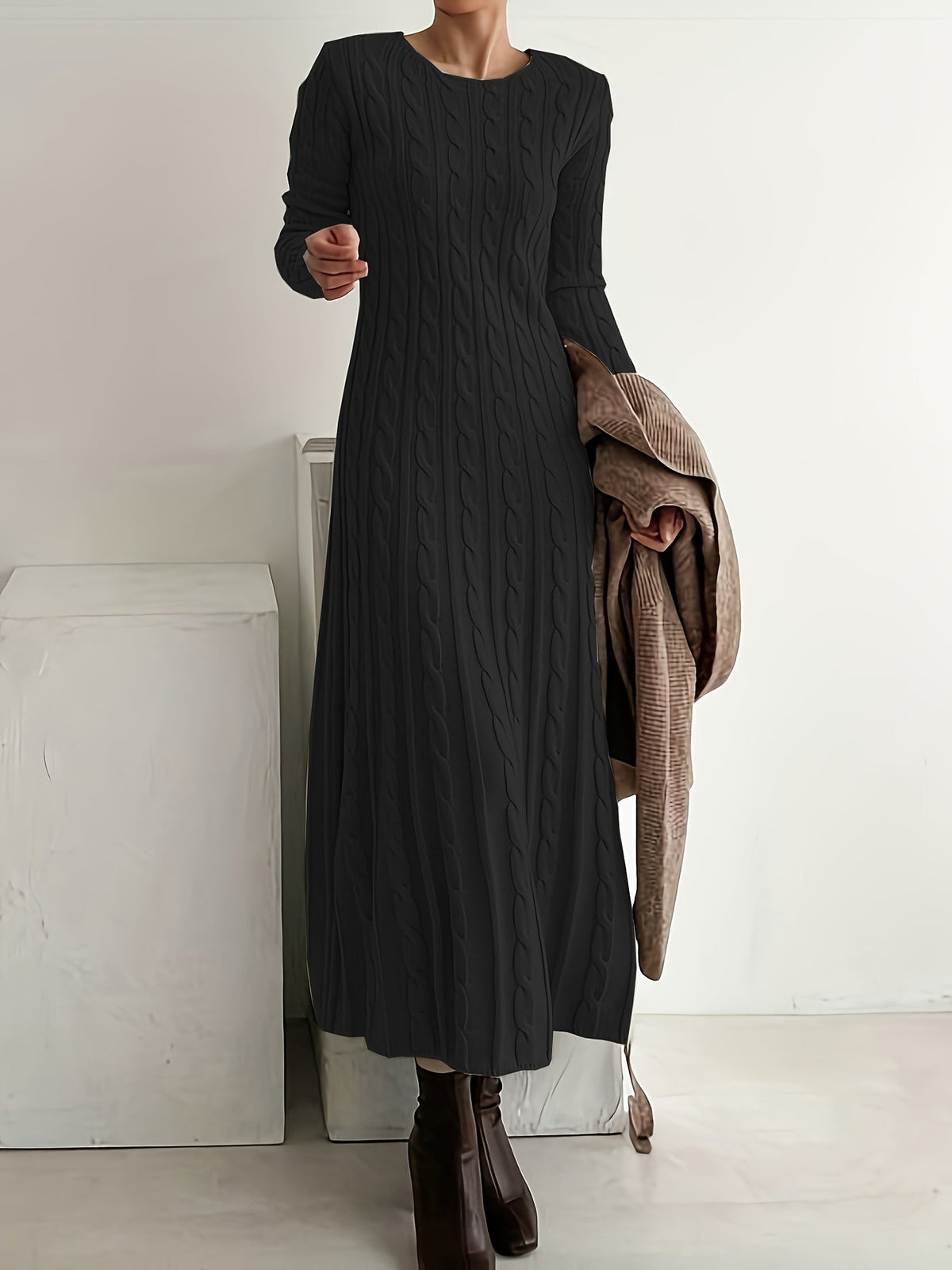 Wrenova | Women's Cable-Knit Maxi Dress - Cream - Image 11