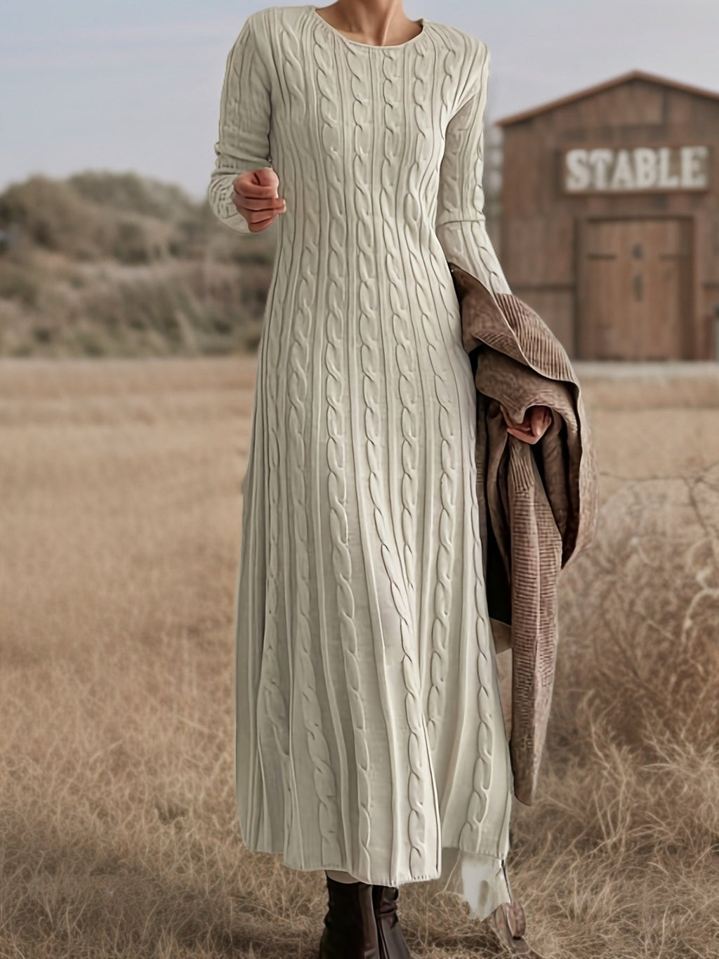 Wrenova | Women's Cable-Knit Maxi Dress - Cream - Image 2