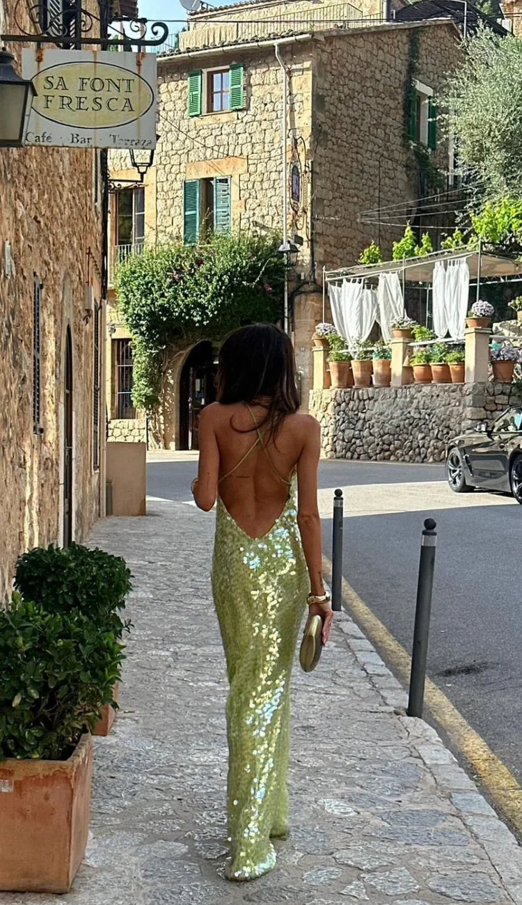 Wrenova | Women's Christmas Party Sequin Maxi Dress - Light Green - Image 4