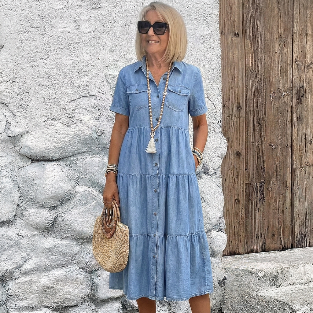 Wrenova | Women's Denim Tiered Midi Dress - Light Blue - Image 1