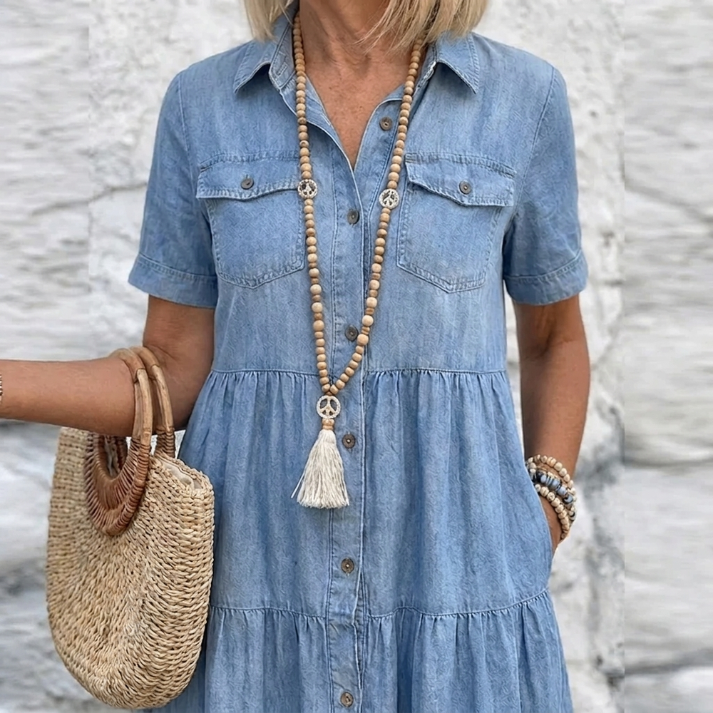 Wrenova | Women's Denim Tiered Midi Dress - Light Blue - Image 2