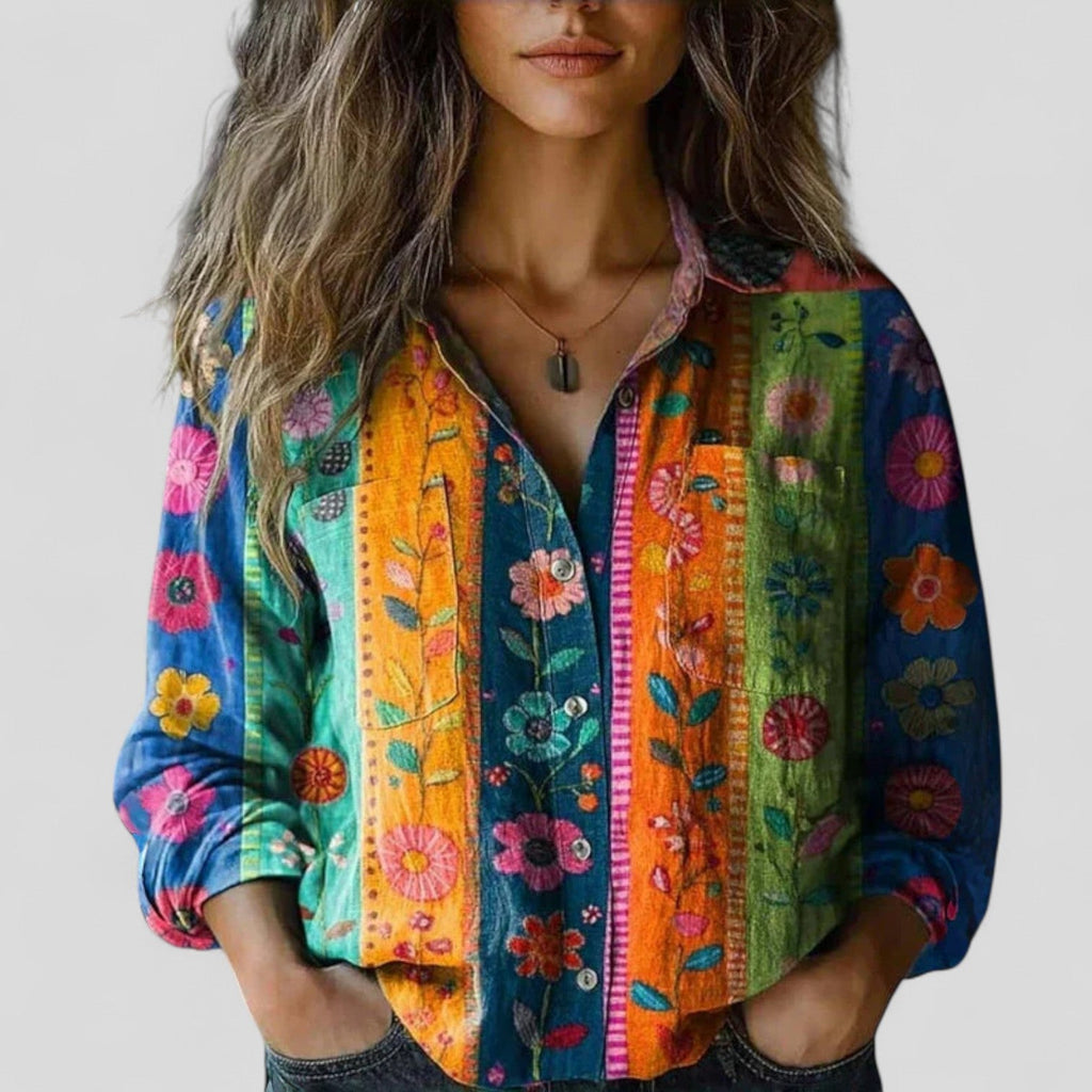 Wrenova | Women's Floral Linen Top Long Sleeve - Image 1