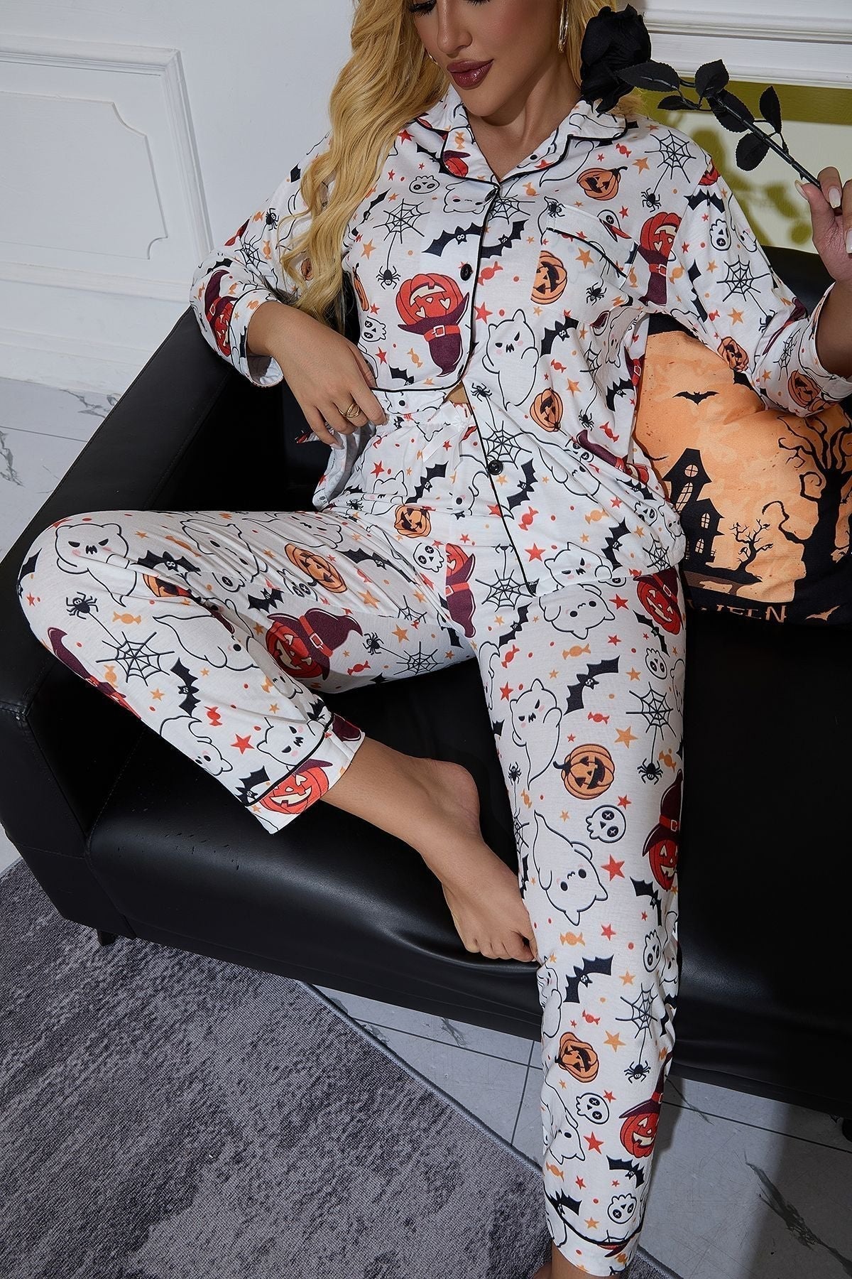 Wrenova | Women's Halloween Pyjama Set Long Sleeve - White - Image 5