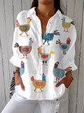 Wrenova | Women's Linen Top Rooster Print Button-Down Shirt - White - Image 1