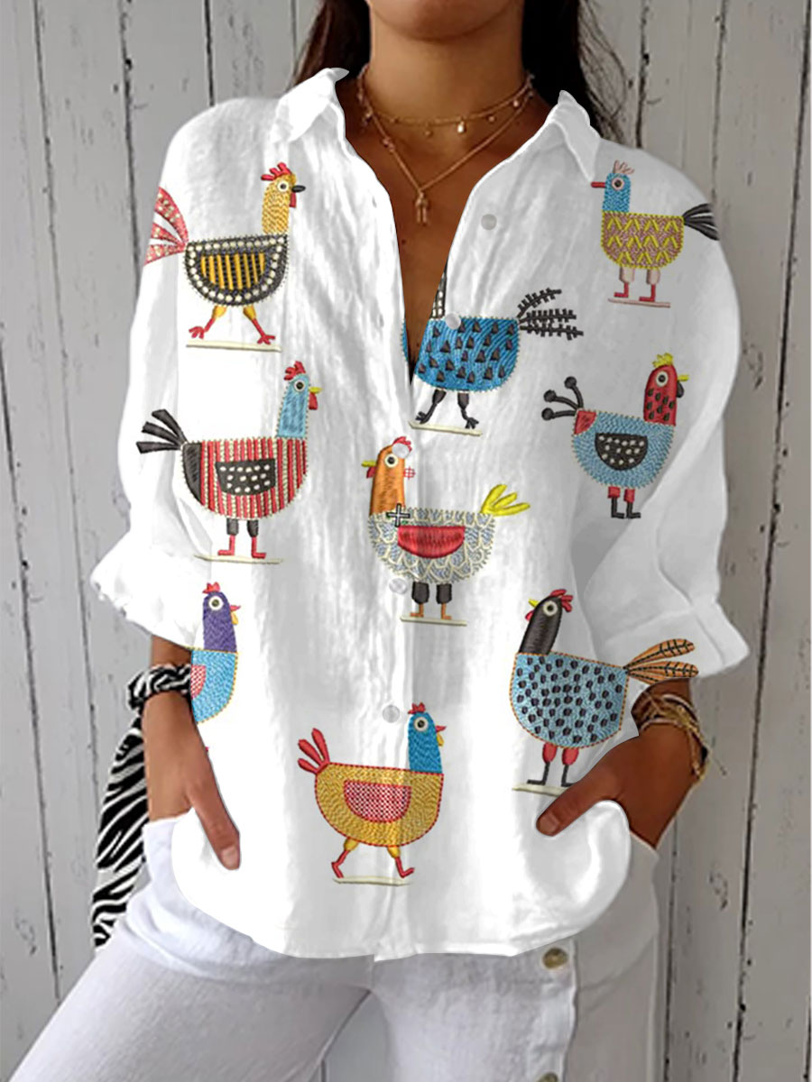 Wrenova | Women's Linen Top Rooster Print Button-Down Shirt - White - Image 1