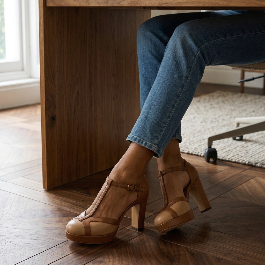 Wrenova | Women's Nude Block Heel T-Strap Platform Pumps - Beige - Image 11