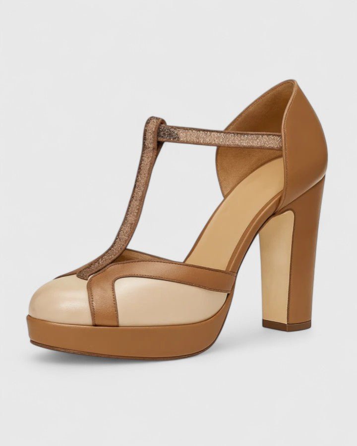Wrenova | Women's Nude Block Heel T-Strap Platform Pumps - Beige - Image 2