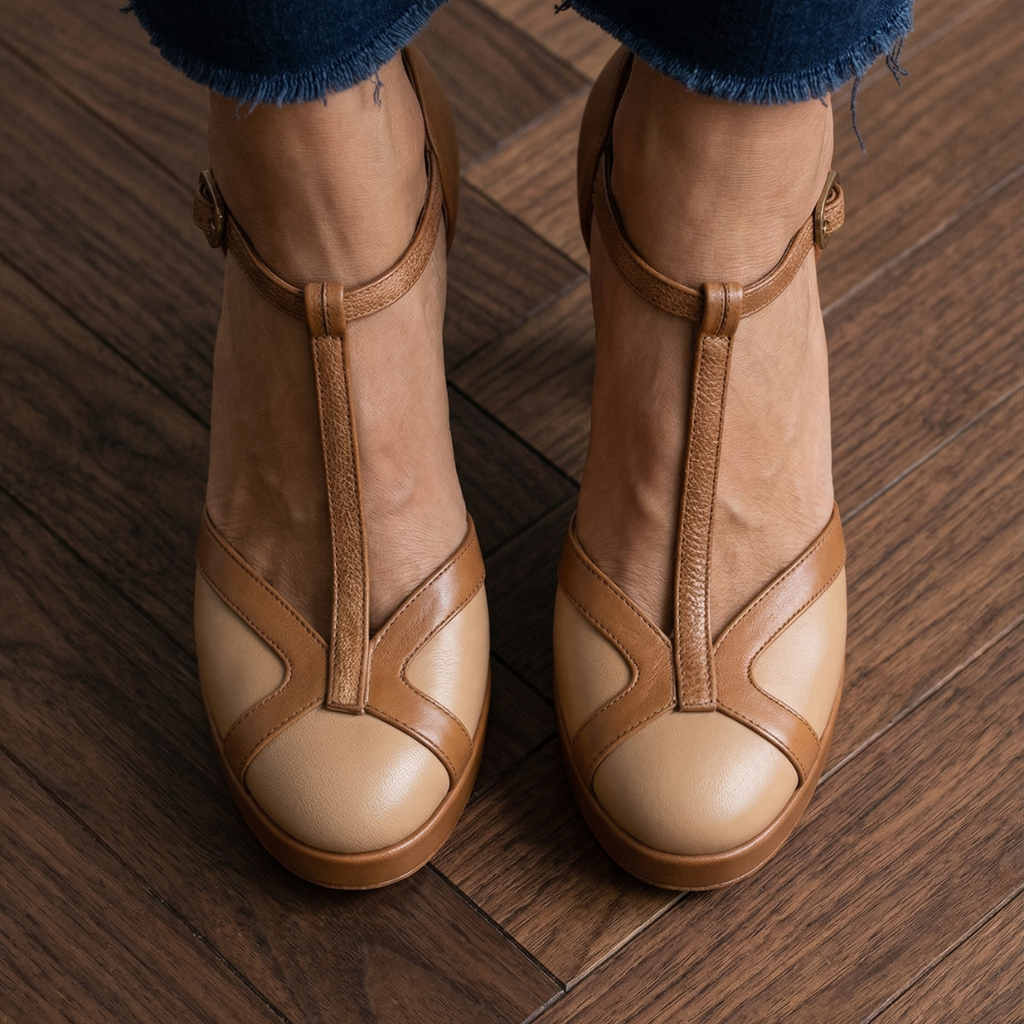 Wrenova | Women's Nude Block Heel T-Strap Platform Pumps - Beige - Image 3