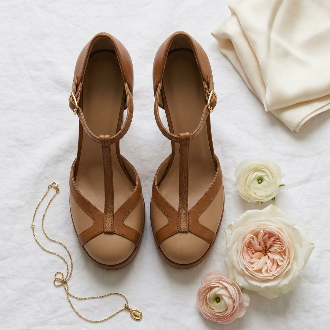 Wrenova | Women's Nude Block Heel T-Strap Platform Pumps - Beige - Image 7