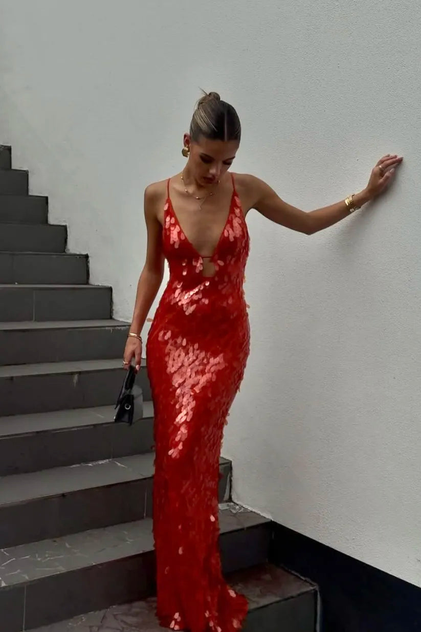 Zarvelle | Women's Christmas Party Dress Sequin Maxi - Red - Image 1