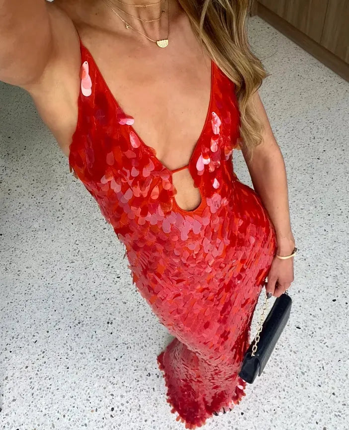 Zarvelle | Women's Christmas Party Dress Sequin Maxi - Red - Image 3