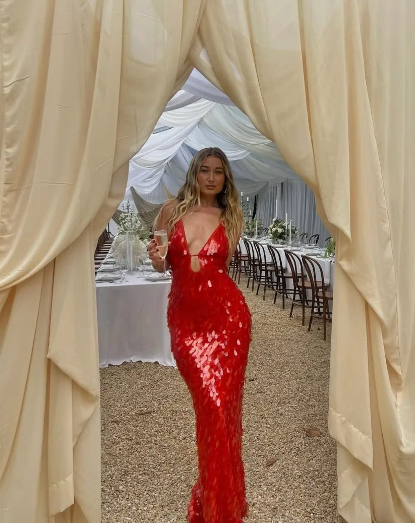 Zarvelle | Women's Christmas Party Dress Sequin Maxi - Red - Image 7