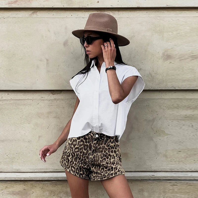 Zarvelle | Women's Leopard Print Denim Shorts - Leopard - Image 3