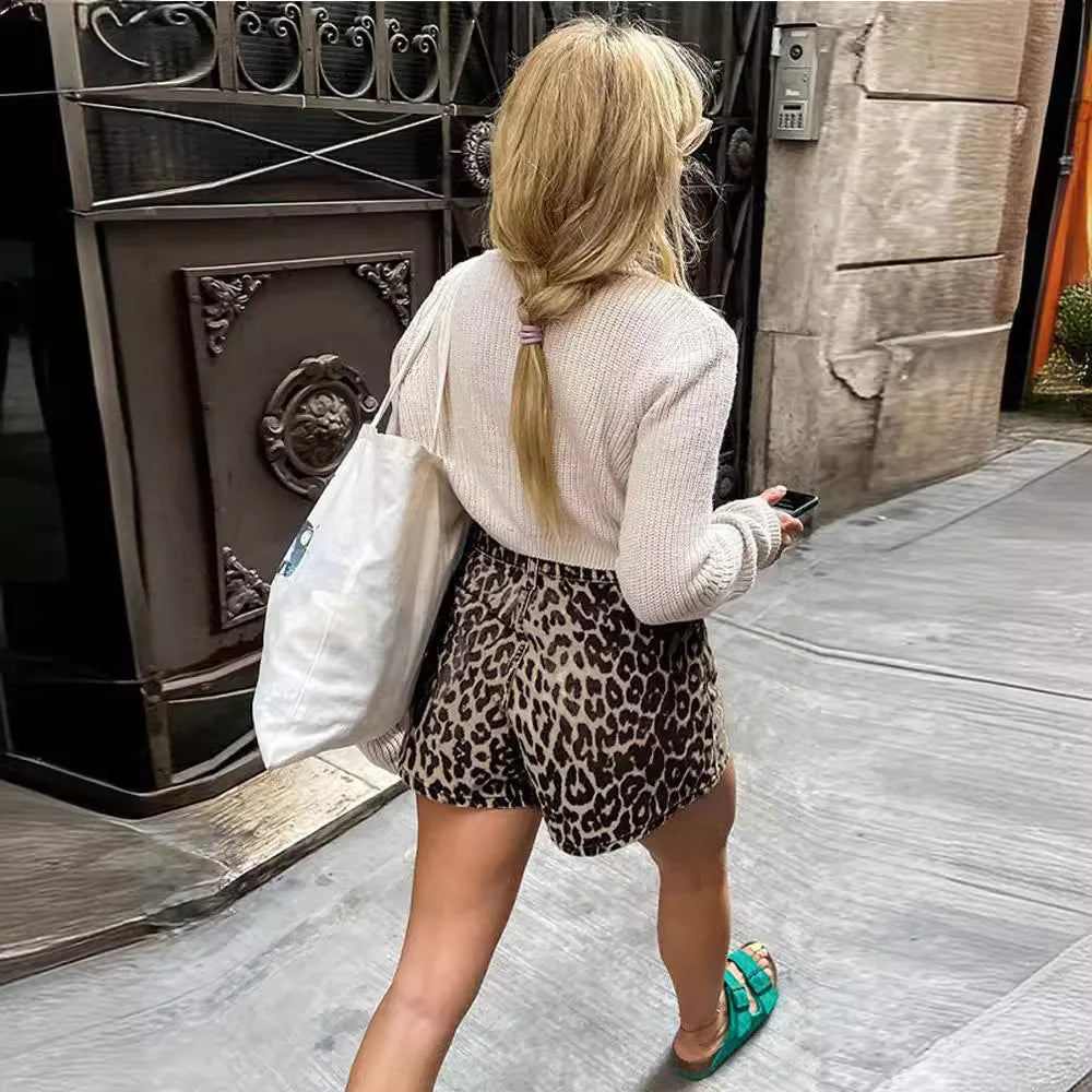 Zarvelle | Women's Leopard Print Denim Shorts - Leopard - Image 4