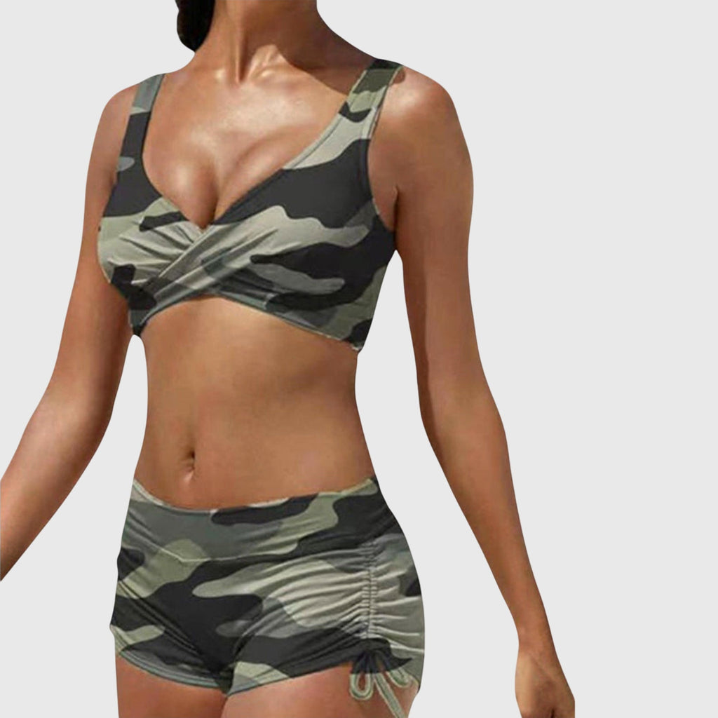 Zarvenna | Women's Camo Bikini Set with Board Shorts - Image 1