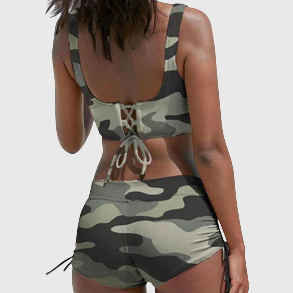 Zarvenna | Women's Camo Bikini Set with Board Shorts - Image 2