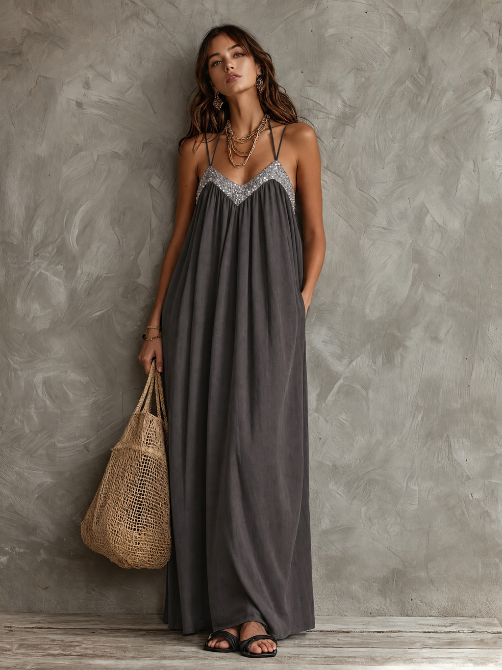 Zarvinda | Women's Christmas Party Maxi Dress - Dark Grey - Image 4