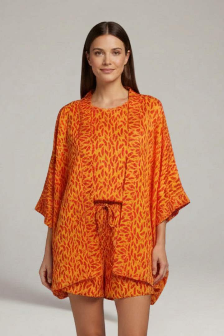 Zarvindra | Women's Two Piece Set Kimono & Shorts - Orange - Image 1