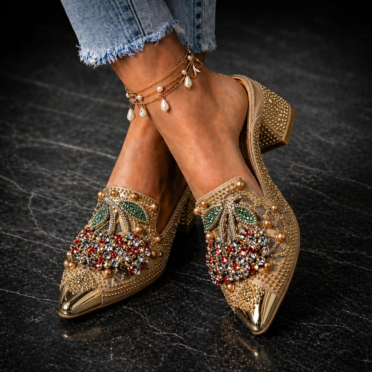Zarvine | Women's Crystal Embellished Block Heel Mules - Image 1