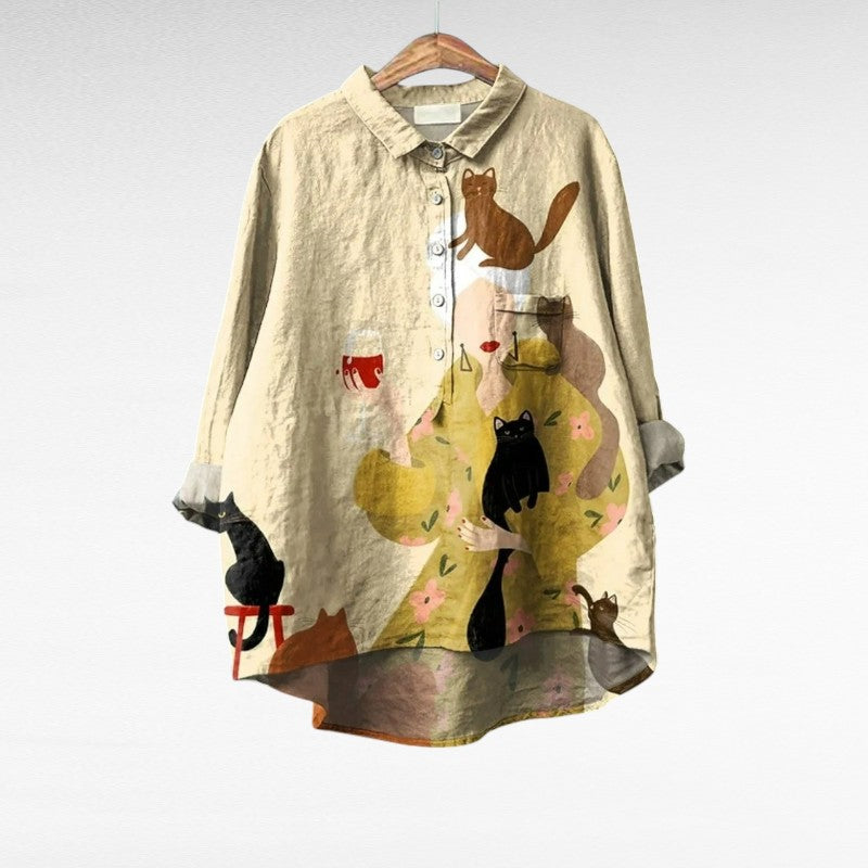 Zelvara | Women's Boho Blouse Cat Print Long Sleeve - Beige - Image 1